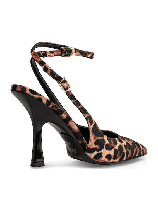 Leather Brown High Heels with Strap Animal Print