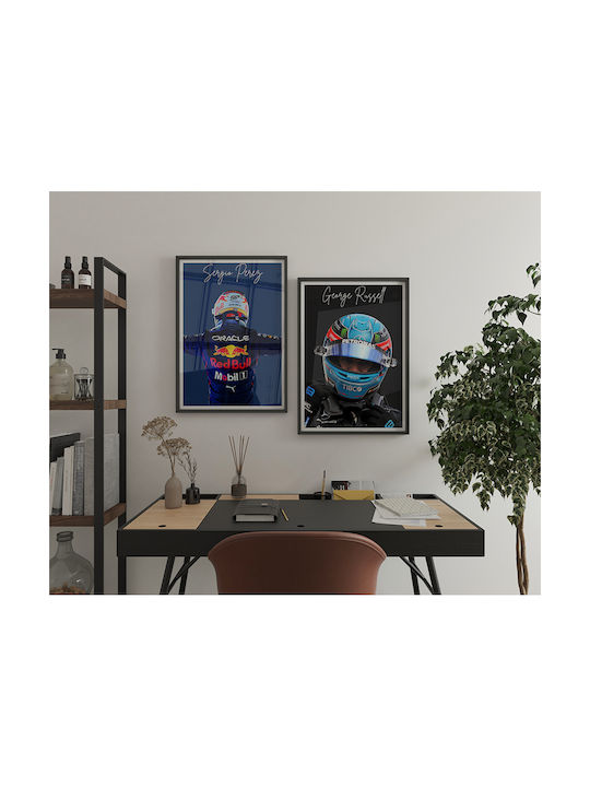 Poster Formula1 George Russell F060 30cm X 40cm Κορνίζα Σκούρο Φυσικό Ξύλου Καφέ