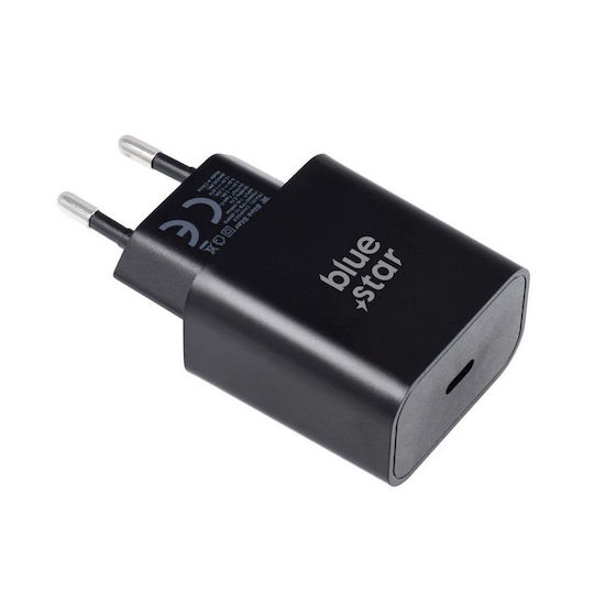Blue Star Φορτιστής με Θύρα USB-C και Καλώδιο USB-C - USB-C 25W Power Delivery / Quick Charge 4.0 Μαύρος (TFB-TC-25WPD_CVC)