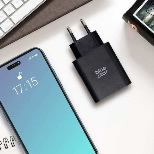 Blue Star Φορτιστής Χωρίς Καλώδιο με Θύρα USB-A και Θύρα USB-C 25W Power Delivery / Quick Charge 4.0 Μαύρος