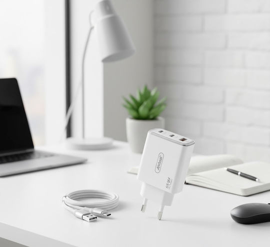 Andowl Φορτιστής με Θύρα USB-A και 2 Θύρες USB-C και Καλώδιο USB-C - USB-C 65W Power Delivery / Quick Charge 3.0 Λευκός (Q-CD50)