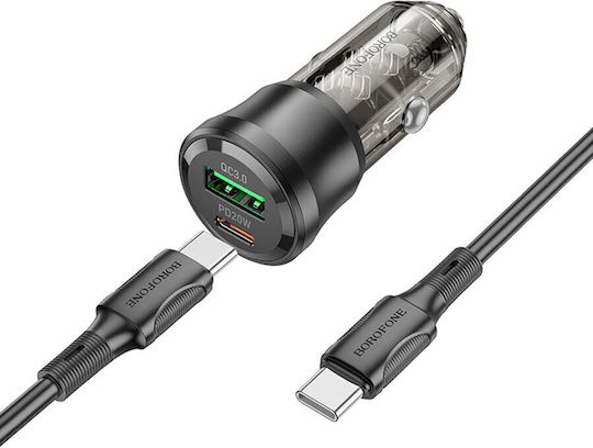 Borofone BZ25 Auto-Ladegerät 38W 3A Schnellladung mit Anschlüssen: 1xUSB 1xType-C mit Kabel Typ-C,TC-TC Schwarz Farbe
