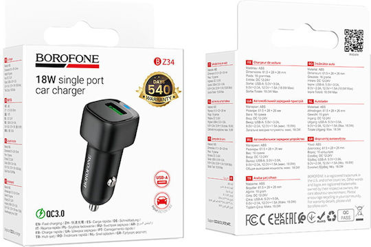 Borofone BZ34 Auto-Ladegerät 18W Schnellladung mit einem Anschluss: 1xUSB Schwarz Farbe