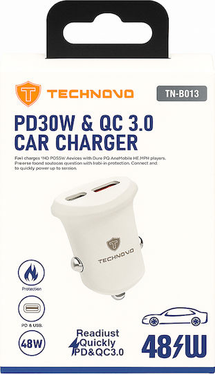 Auto Gs Φορτιστής Αυτοκινήτου 3A με Θύρες: 1xUSB 1xType-C Λευκό Χρώμα