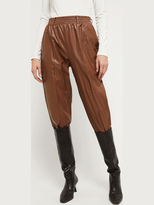 Damen Stoff Hose mit Gummizug in Karotten Passform Braun