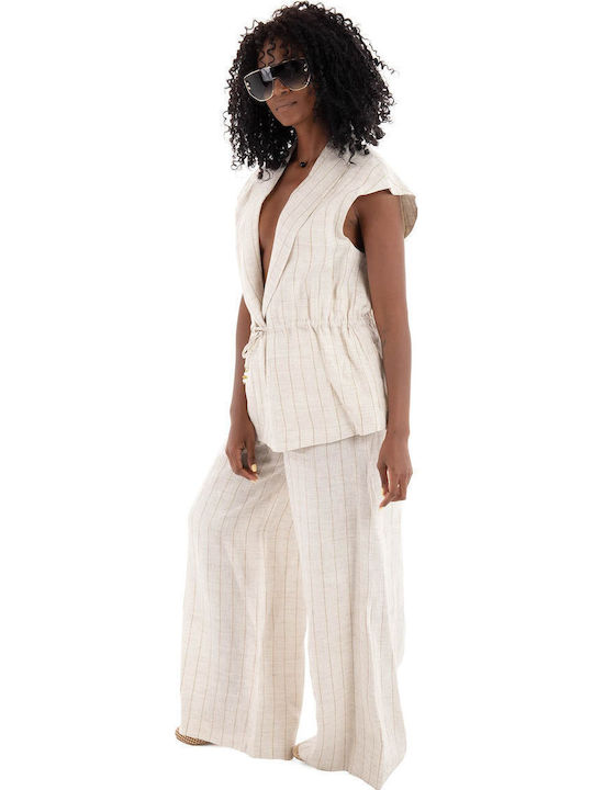 Damen Leinen Hose Ecru