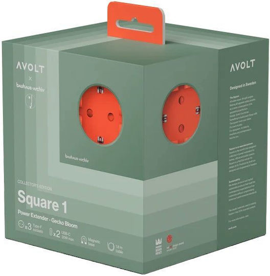 AVOLT PowerCube 3 Θέσεων με USB-C και Καλώδιο 1.8m Πράσινο