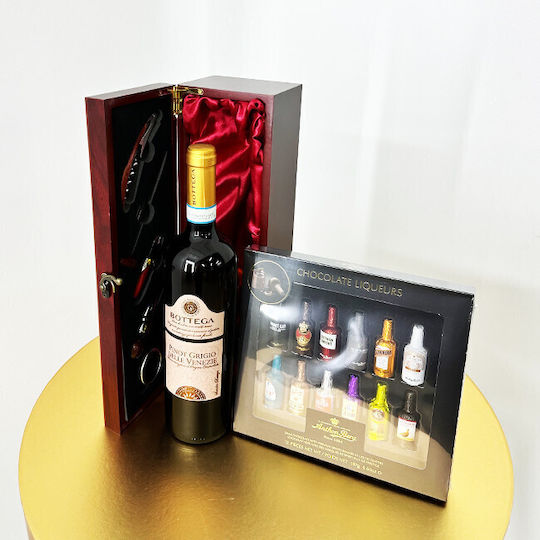 Set Cadou Highball Bottega Pinot Grigio Doc 0.75l Vin Ciocolată Praline Lichior Casetă Dreptunghiulară Accesorii Bar