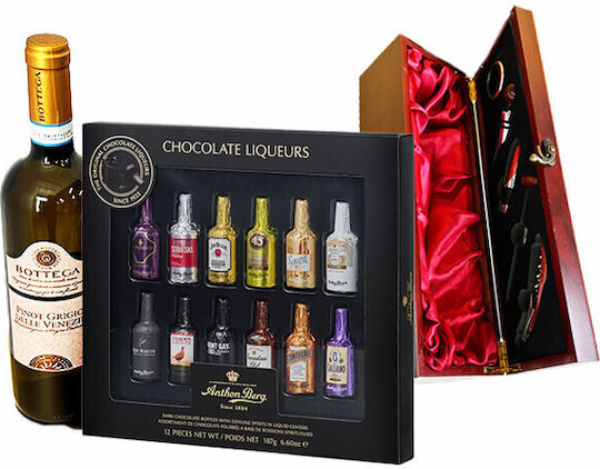 Set Cadou Highball Bottega Pinot Grigio Doc 0.75l Vin Ciocolată Praline Lichior Casetă Dreptunghiulară Accesorii Bar