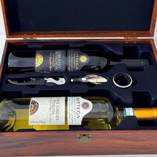 Set Casetă Elegantă din Piele Eco Două Sticle Mâner Set Accesorii Vin 3 Piese Două Sticle Vin Bottega 750 Ml Maro