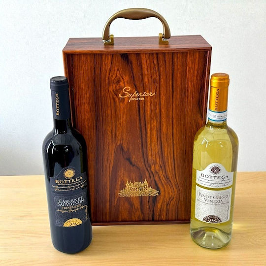 Set Casetă Elegantă din Piele Eco Două Sticle Mâner Set Accesorii Vin 3 Piese Două Sticle Vin Bottega 750 Ml Maro