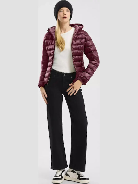 Short Women's Puffer Jacket for Winter Wine Red