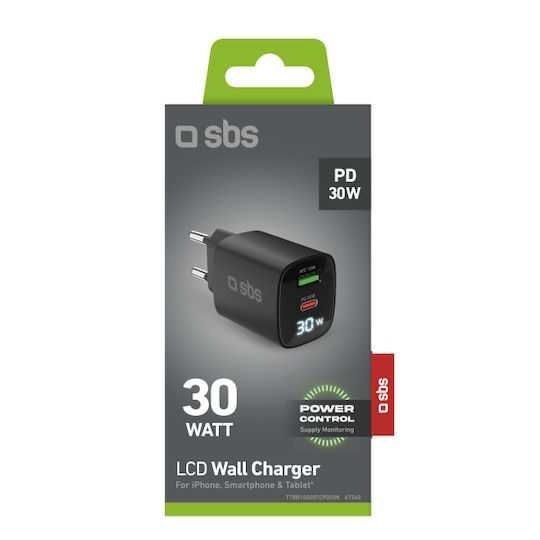 SBS Φορτιστής Χωρίς Καλώδιο GaN με Θύρα USB-A και Θύρα USB-C 30W Power Delivery Μαύρος (TETRGANLCD1USB1C30K)