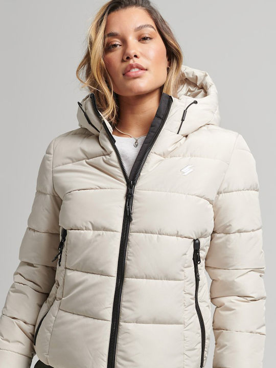 Women's Short Puffer Jacket for Spring or Autumn with Hood Gray
