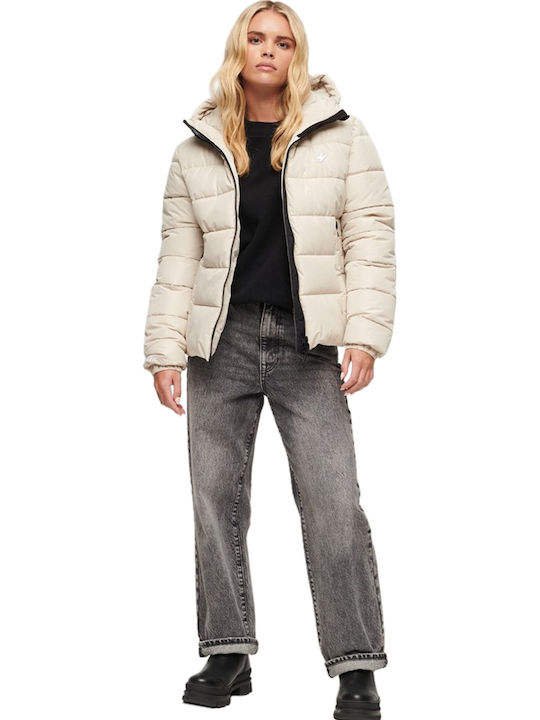 Women's Short Puffer Jacket for Spring or Autumn with Hood Gray
