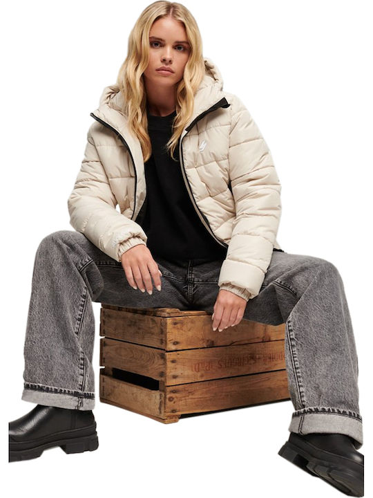 Women's Short Puffer Jacket for Spring or Autumn with Hood Gray