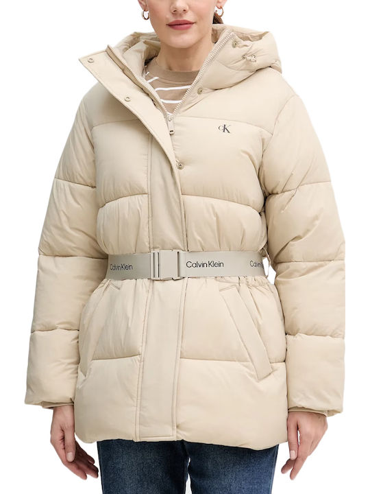 Women's Puffer Jacket Waterproof and Windproof for Winter with Hood Beige