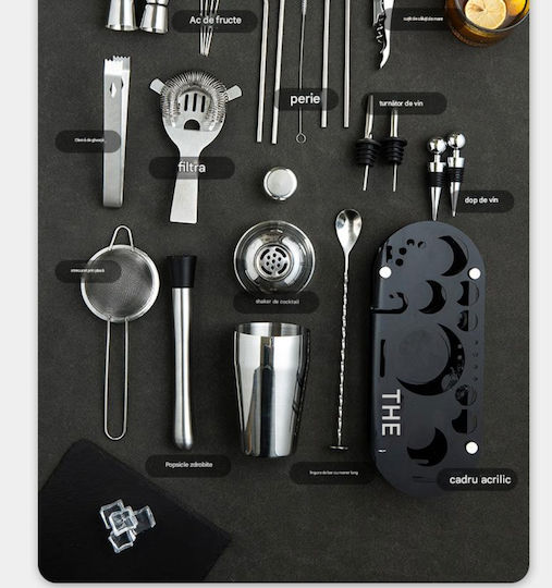 Arvada Shakerpro Mc-ykl23 Kit Complet Pentru Barmani Suport Acrilic 23 Bucăți 700 Ml Dimensiuni 19x12x30.5 Cm Set Pentru Barmani Preparare Băuturi Oțel Inoxidabil