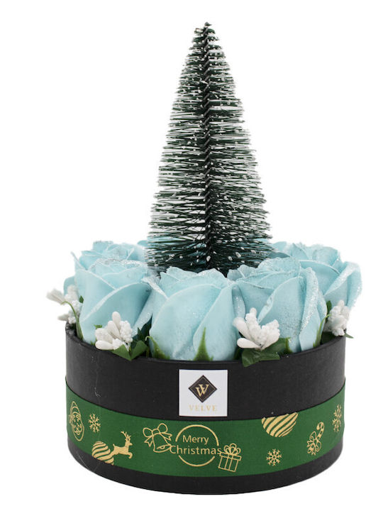 Floral Arrangement In A Round Box Soap Roses A Small Christmas Tree In Center