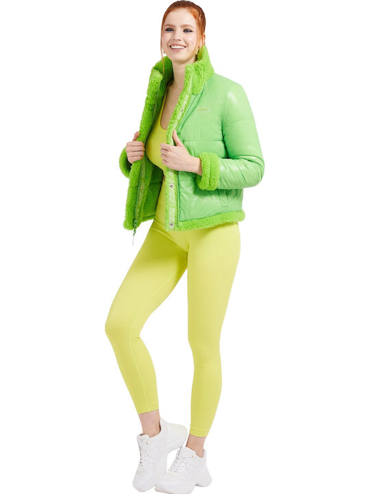 Women's Short Puffer Jacket Double Sided for Winter Green