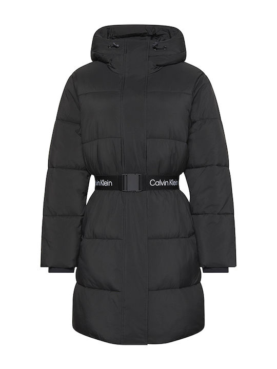 Women's Long Puffer Jacket Waterproof and Windproof for Winter with Hood Black