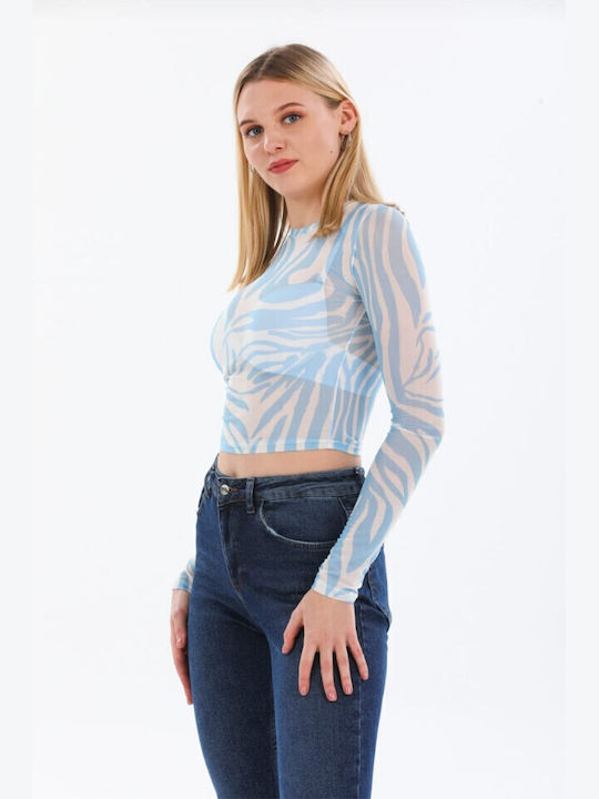 Bluza Damă De Vară Crop Top Mânecă Lungă Animal Print Albastru