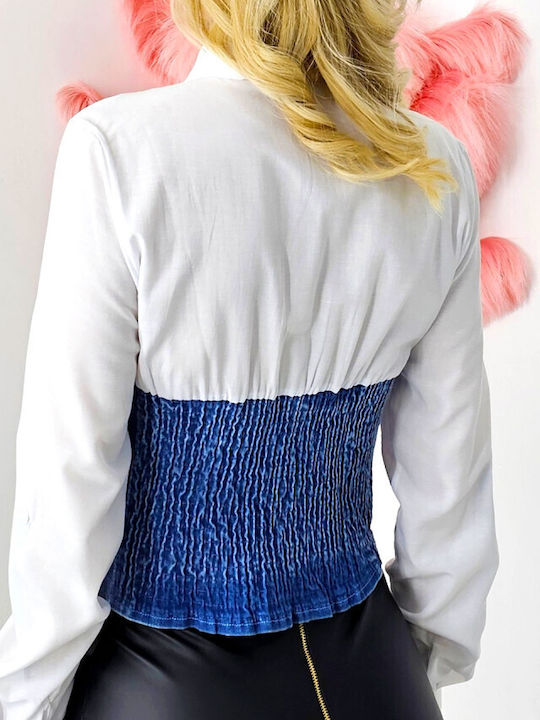 Langärmelig Damen Denim Hemd White