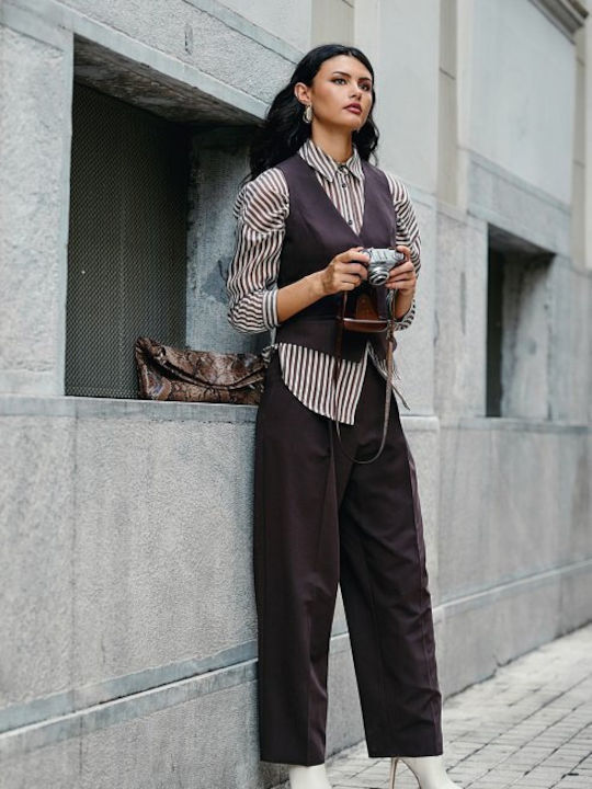 Women's High-waisted Fabric Trousers Regular Fit Brown