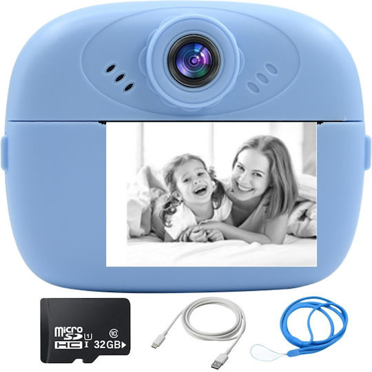 Cameră Pentru Copii Smartic Hd 1080p Rezoluție Baterie 1000mah Ecran 2.4 Inch Card Memorie 32 Gb Funcție Imprimare Instantanee Jocuri Incorporate Mp3 Mod Selfie Usb Type-c Albastră