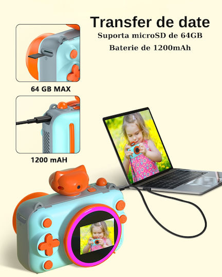 Cameră Pentru Copii Smartic Ultra HD Rezoluție 2.5K Baterie 1200mAh Ecran 2.0 Inch Card Memorie 32 Gb Funcție Imprimare Instantanee Jocuri Incorporate 3 Role Imprimare Mp3 Mod Selfie