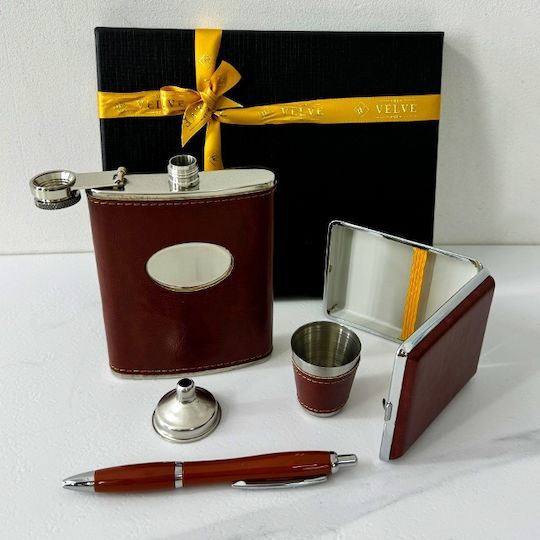 Vlv Herren Geschenkset 5 Teile Trinkflasche Stift Glas Trichter Zigarettenetui Braune