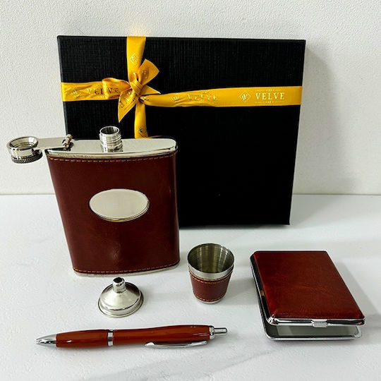Vlv Herren Geschenkset 5 Teile Trinkflasche Stift Glas Trichter Zigarettenetui Braune