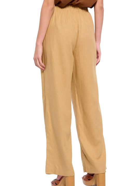 Women's High-waisted Fabric Trousers with Elastic Oat Milk