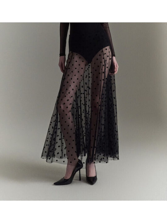 Maxi Skirt with Tulle Polka Dot Black