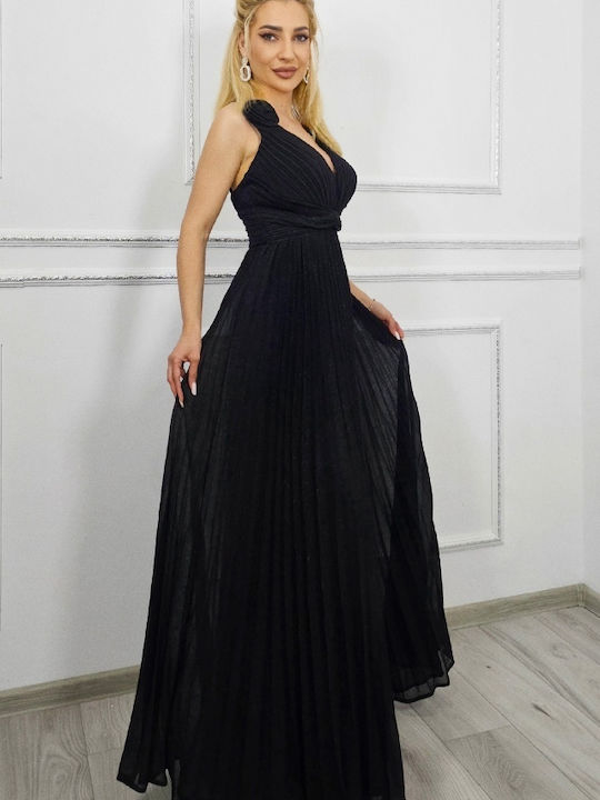 Summer Maxi Evening Satin Drape with Mesh Dress Black