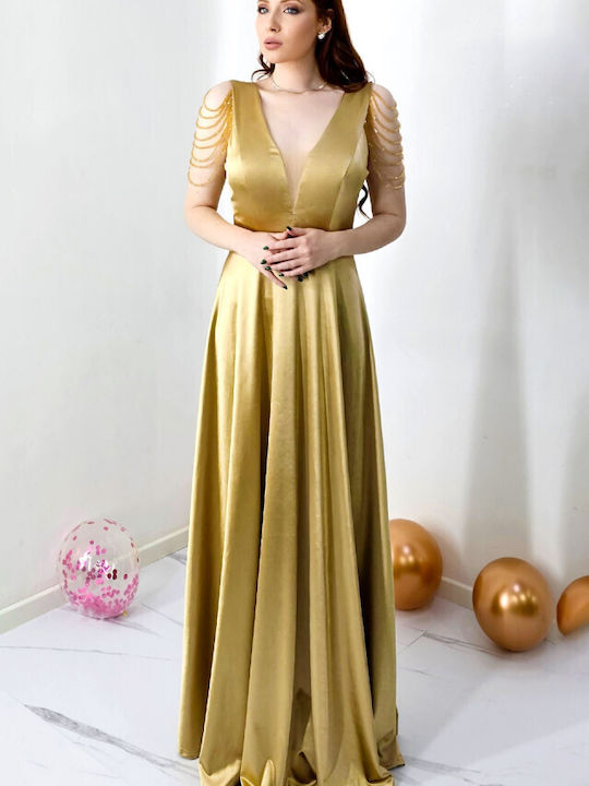 Sommer Maxi Abendkleid Satin mit Tüll Gold