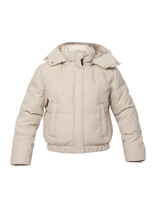 Κοντό Γυναικείο Puffer Μπουφάν για Χειμώνα Chalk