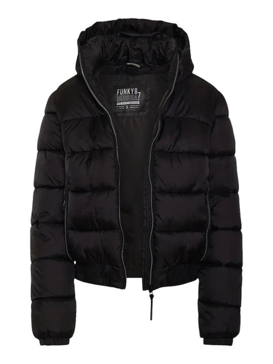 Women's Short Puffer Jacket for Winter with Hood Black