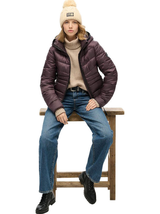 Fuji Women's Short Puffer Jacket for Winter with Hood Purple