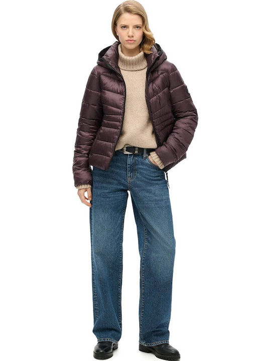 Fuji Women's Short Puffer Jacket for Winter with Hood Purple