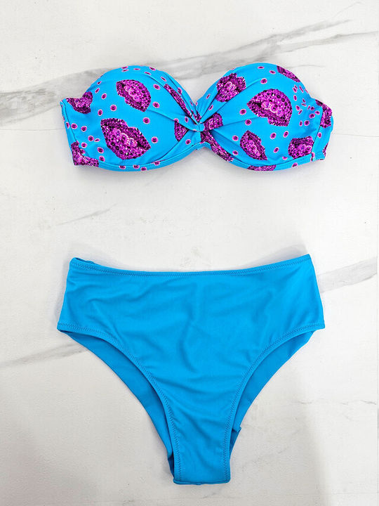 Set Bikini 3 Τεμαχίων Push Up Ψηλόμεσο Μπλε