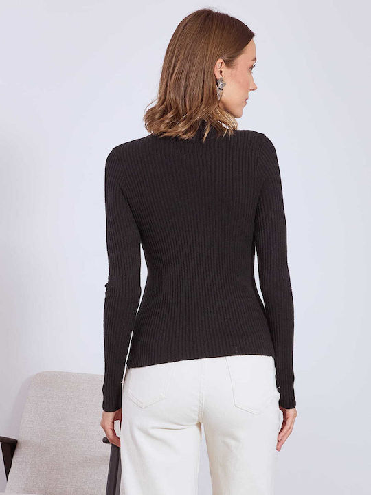 Celestino Women's Rib Blouse High Neck Slim Fit Black
