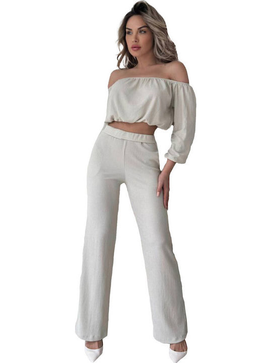 Women's Cream Set with Pants in Loose Fit Striped