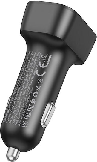 Borofone Auto-Ladegerät 60W 3A Schnellladung mit Anschlüssen: 1xUSB 2xType-C Schwarz Farbe