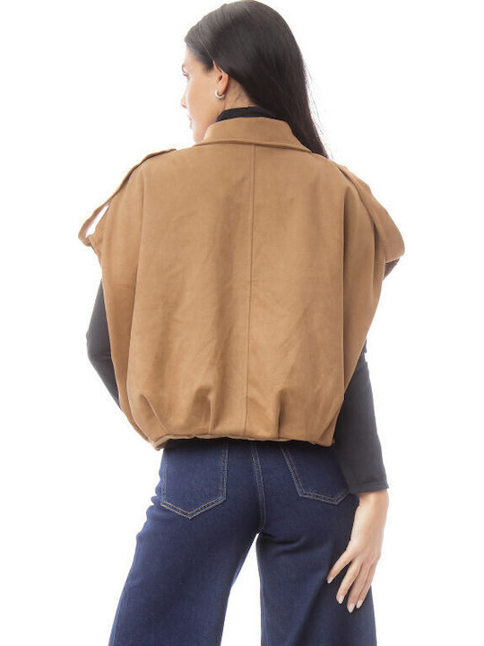 Suede Γυναικείο Αμάνικο Μπουφάν για Χειμώνα Camel