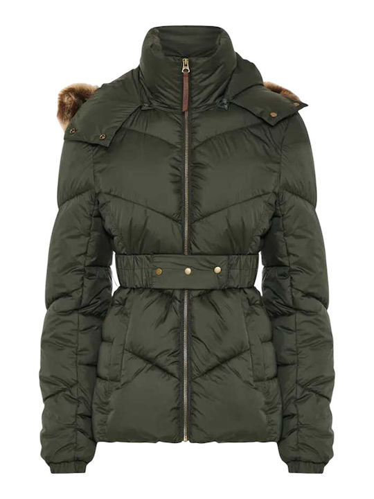 Women's Long Puffer Jacket for Winter with Hood Dark Green