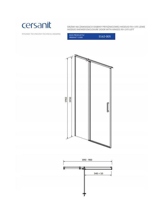Cersanit Cabinet Duș cu Cu balamale Ușă 90x195cm