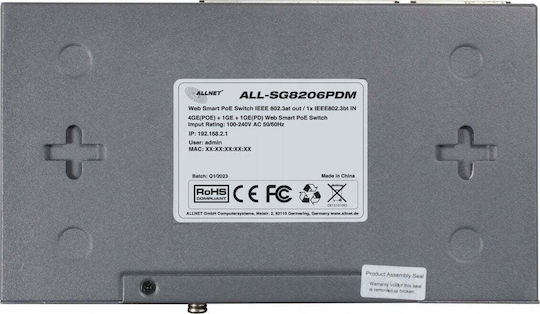 Allnet ALL-SG8206PDM Управление на L2 PoE+ Switch с 6 Портове Гигабитови (1Gbps) Ethernet
