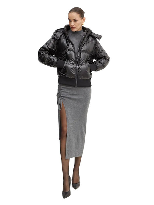 Women's Short Puffer Jacket for Winter with Hood Metallic