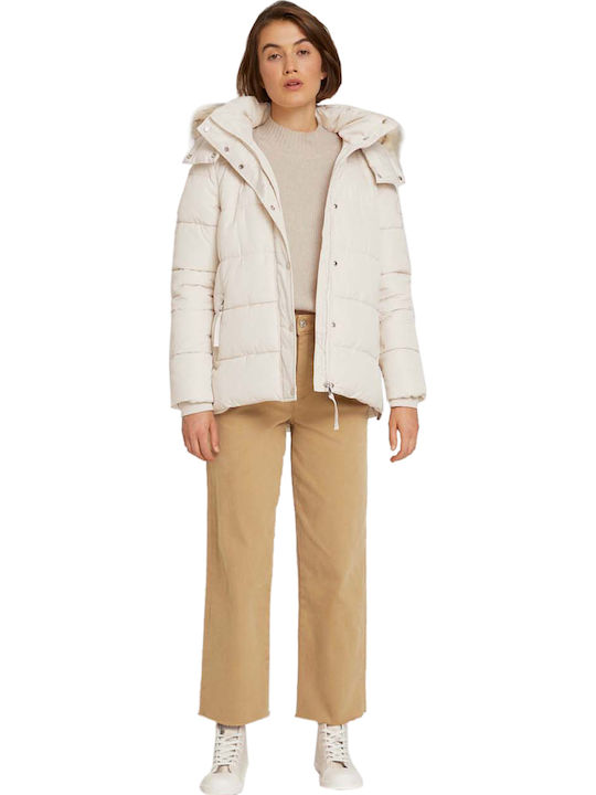 Kurz Damen Puffer Jacke mit pelziger Kapuze für Winter Beige